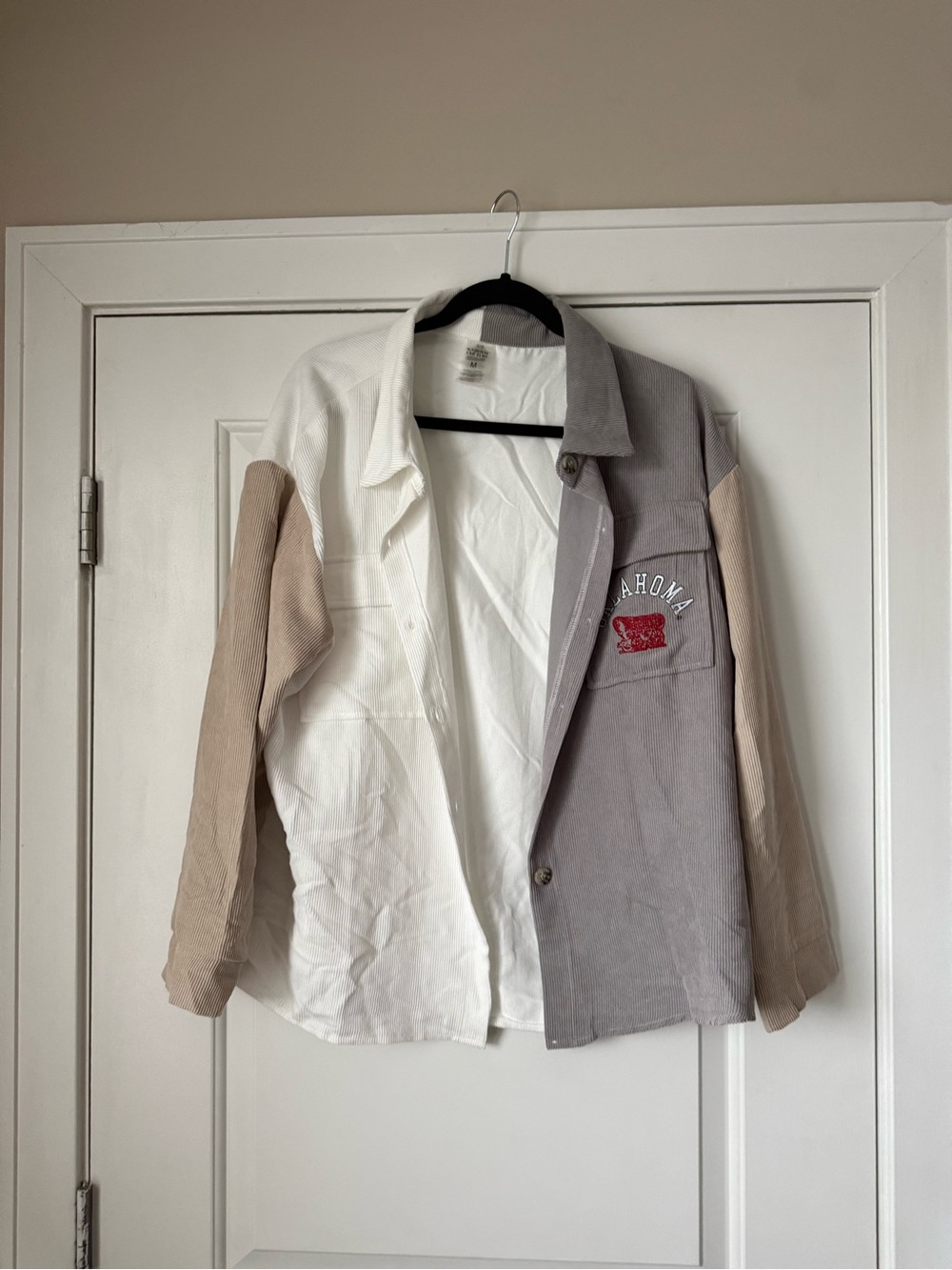 OU Colorblock Corduroy Button-Up Shirt Jacket - White, Gray, Tan